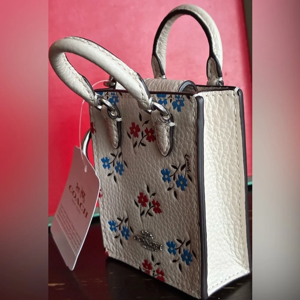 Coach Floral Key Holder in White with Red and Blue Accents